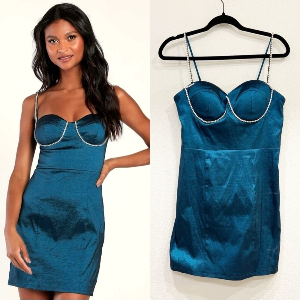 NWOT Lulus This Calls for Cocktails Teal Rhinestone Bustier Bodycon Dress
